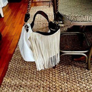 New Chic White Fringe Shoulder Bag with Chain Strap and purse strap, never used